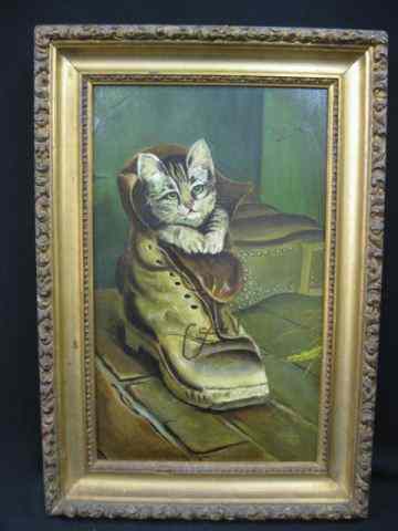 Appraisal: th Century Oil Painting of Kitten in Boot fancy gilt