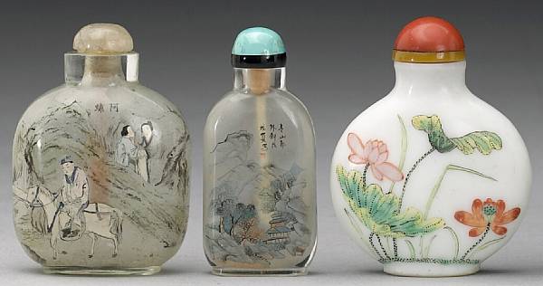 Appraisal: Three glass snuff bottles The first inside painted each side