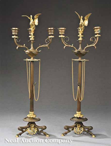 Appraisal: A Pair of French Patinated and Gilt Bronze Candelabra c