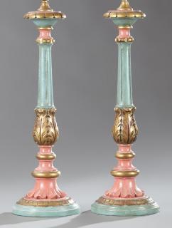 Appraisal: Pair of Carved Paint-Decorated and Parcel-Gilt Lamps in the Italian