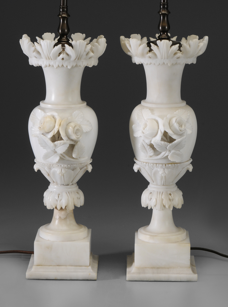 Appraisal: Pair Carved Alabaster Lamps probably Italian early- th century urn