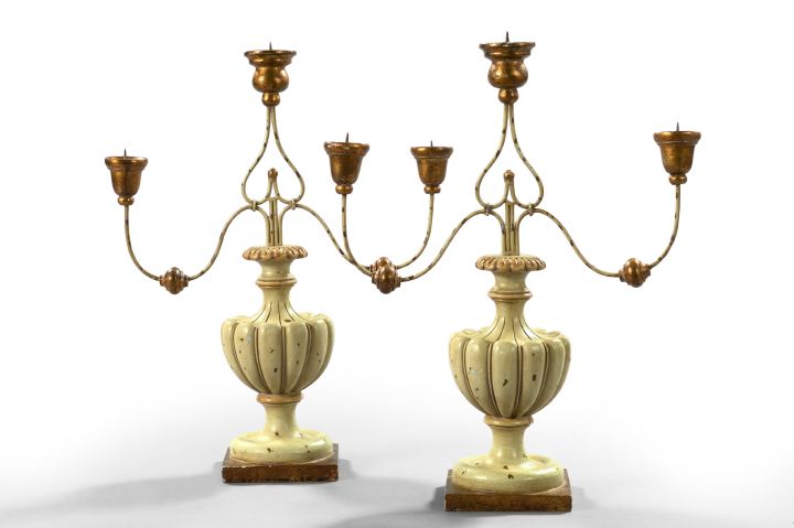 Appraisal: Large Pair of Italian Provincial Three-Light Pricket Candelabra in the