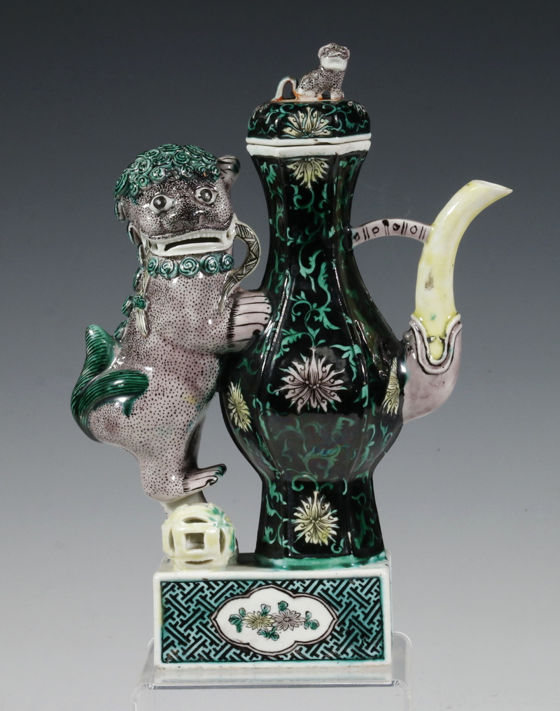 Appraisal: CHINESE MINIATURE PORCELAIN WINE VESSEL WITH DOG Wine Ewer Supported