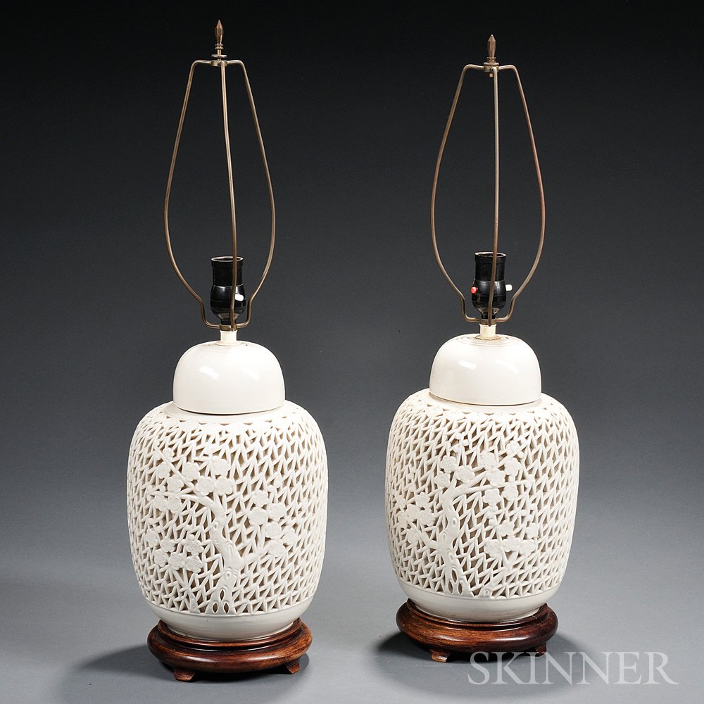 Appraisal: Pair of White Reticulated Ginger Jar Lamps Japan th century