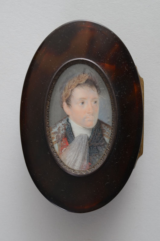 Appraisal: EMPIRE TORTOISESHELL PATCH BOX WITH OVAL PORTRAIT MINIATURE OF NAPOLEON