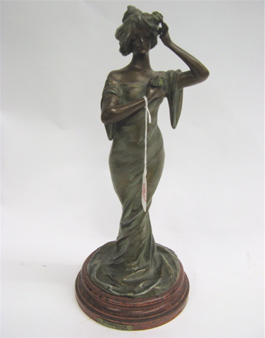 Appraisal: FRENCH FIGURAL BRONZE SCULPTURE depicting an Art Nouveau style young