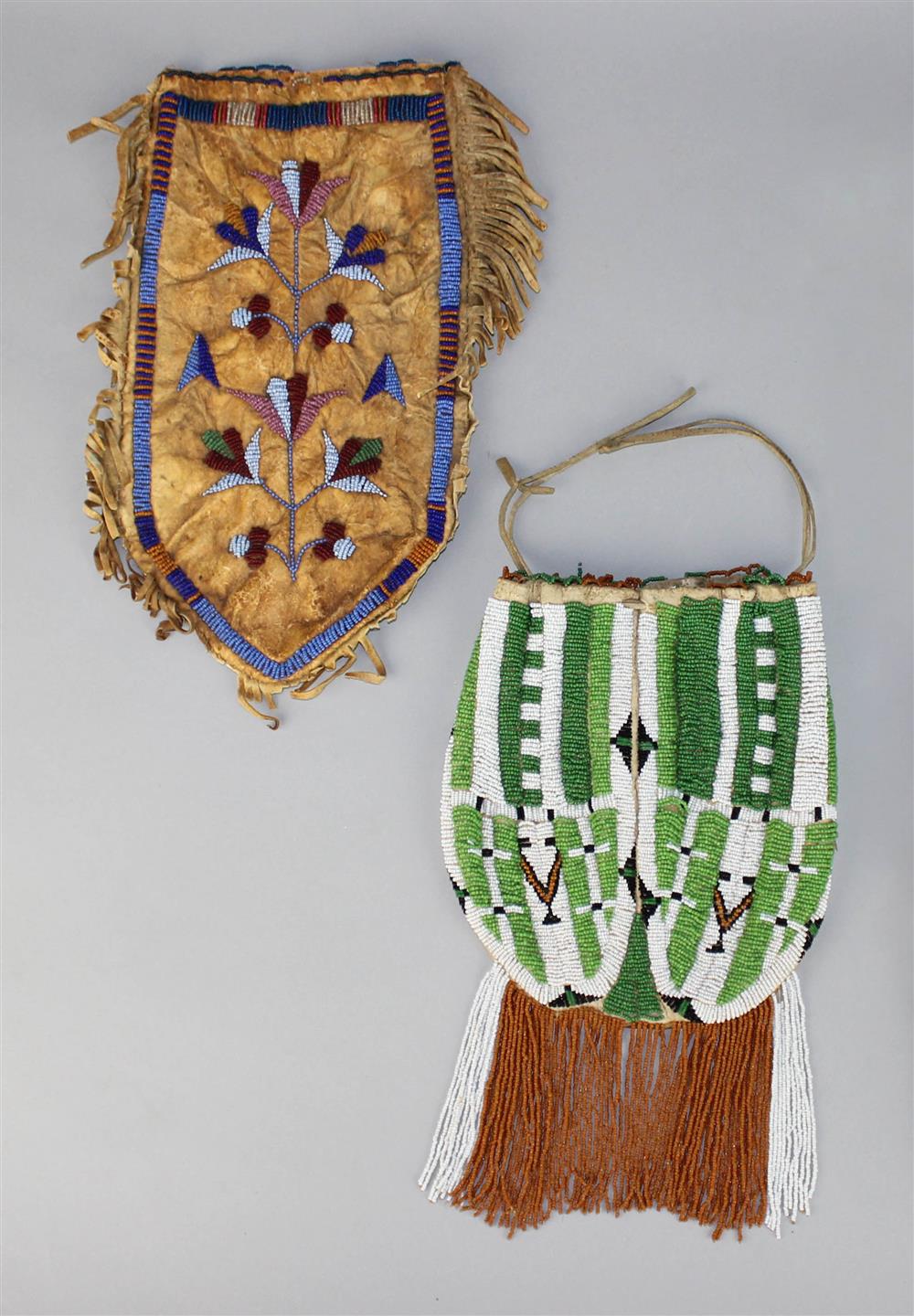 Appraisal: TWO BEADED HIDES POUCHES h w in Provenance a Virginia