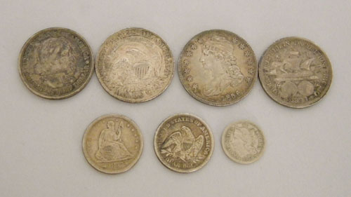 Appraisal: Seven miscellaneous coins and Capped Bust half dollars three cent