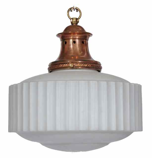 Appraisal: A COPPER AND TRANSLUCENT GLASS CEILING LIGHT with embossed decoration