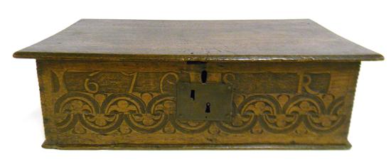 Appraisal: Early possibly English Continental Bible box carved oak front decorated