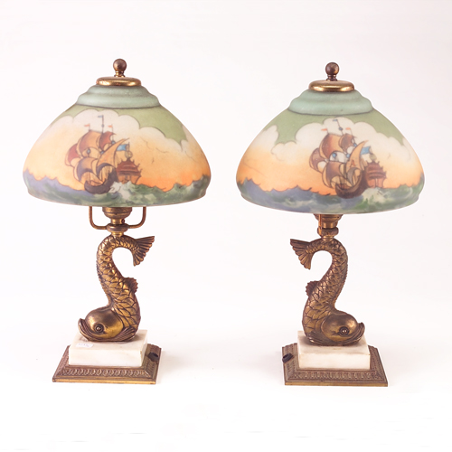 Appraisal: Pair of Pairpoint table lamps each with reversed-painted dome shade