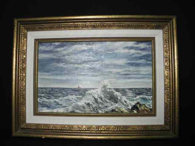 Appraisal: Small oil on canvas seascape scene painting Framed and matted