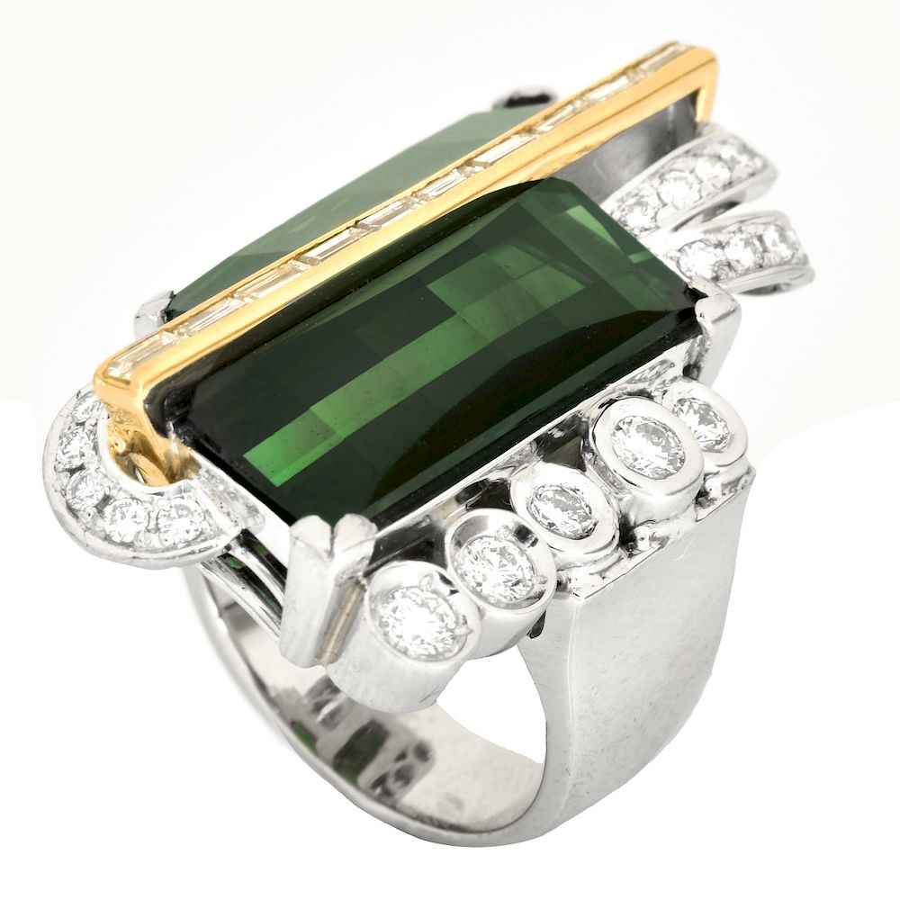 Appraisal: Tourmaline Diamond and Platinum Ring Mid th Century Carat Rectangular