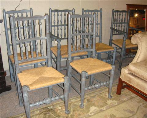 Appraisal: SET OF SIX BLUE PAINTED SPINDLE BACK CHAIRS WITH RUSH