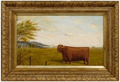 Appraisal: British School painting Scottish Highland cow in landscape with manor