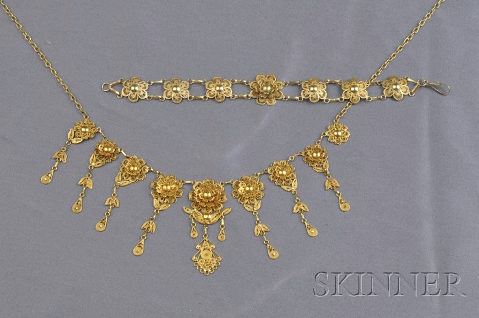 Appraisal: kt Gold Filigree Suite comprising a fringe necklace with floral