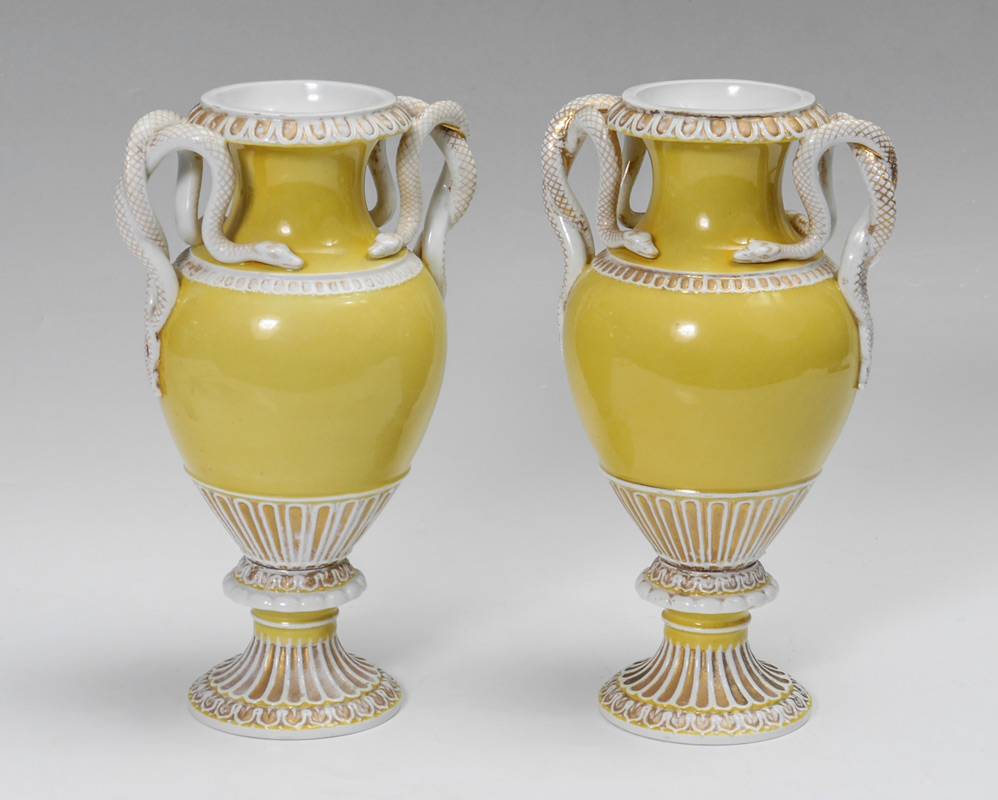 Appraisal: PR MEISSEN PORCELAIN YELLOW GROUND SNAKE HANDLE VASES Each with