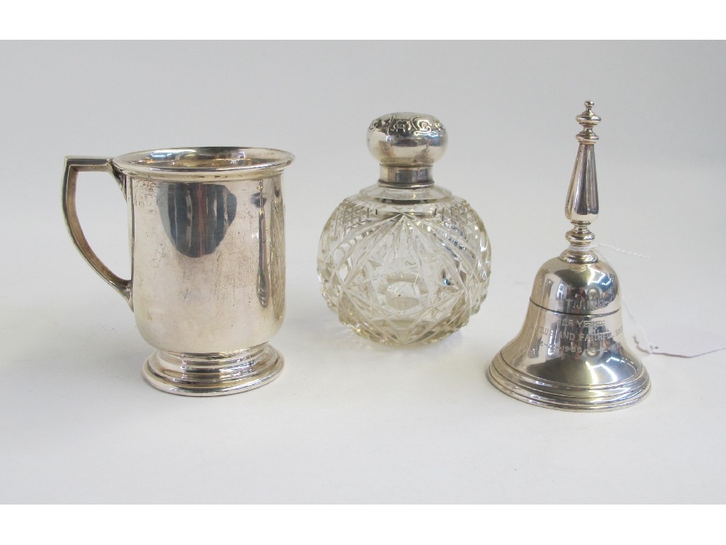 Appraisal: Lot comprising silver mug table bell and a scent bottle