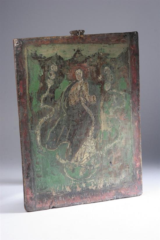 Appraisal: SPANISH COLONIAL PAINTED WOOD PANEL DEPICTING THE MADONNA th century