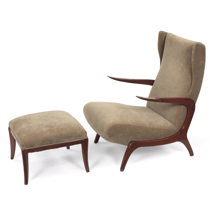 Appraisal: Midcentury Italian chair and ottoman sculptural wood frame with cantilevered