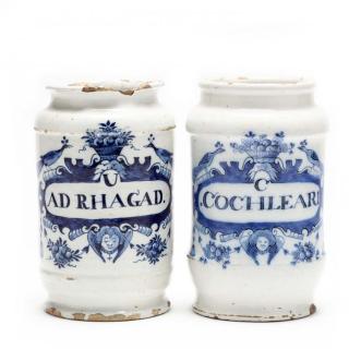 Appraisal: Two Dutch Delft Drug Jars th century cylindrical white glazed