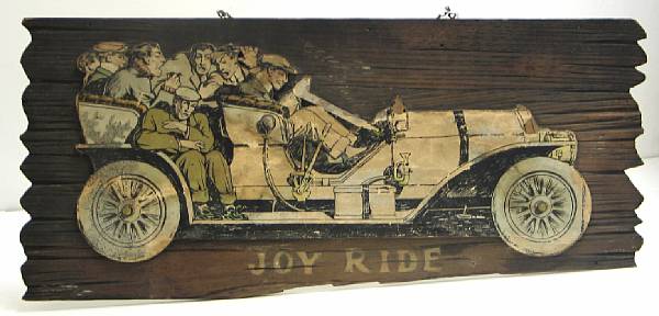 Appraisal: A 'Joy Ride' wood and applique wall hanging circa backboard