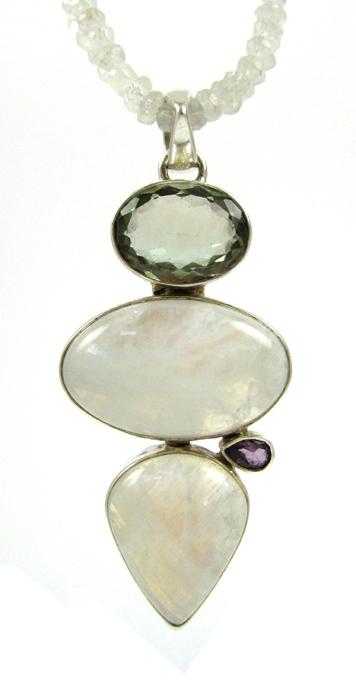 Appraisal: MOONSTONE PRASIOLITE AND AMETHYST PENDANT NECKLACE with a double strand