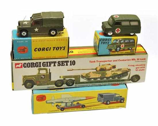 Appraisal: FOUR CORGI MILITARY MODELS INCLUDING BEDFORD MILITARY AMBULANCE U S