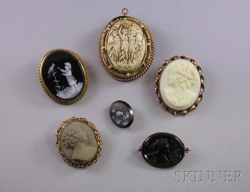 Appraisal: Six Assorted Carved Brooches including lava and hardstone cameos