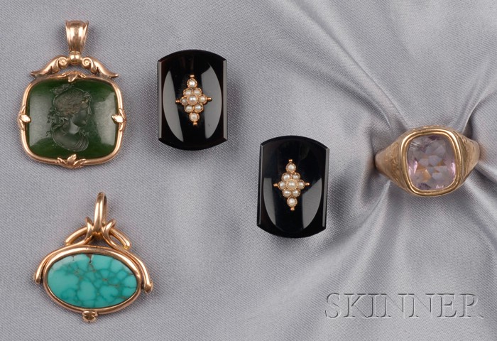 Appraisal: Four Antique Gem-set Jewelry Items two fobs set with green