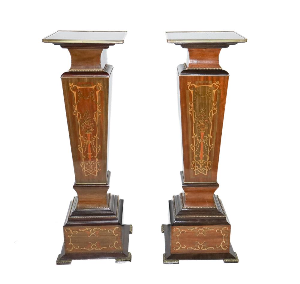 Appraisal: PAIR MARQUETRY GILT BRONZE MOUNTED PEDESTALSPair of Edwardian style marquetry