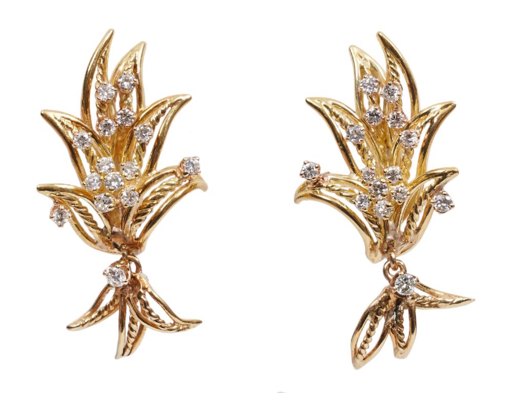 Appraisal: K YG DIAMOND SPRAY ARTICULATED EARRINGS K yellow gold omega