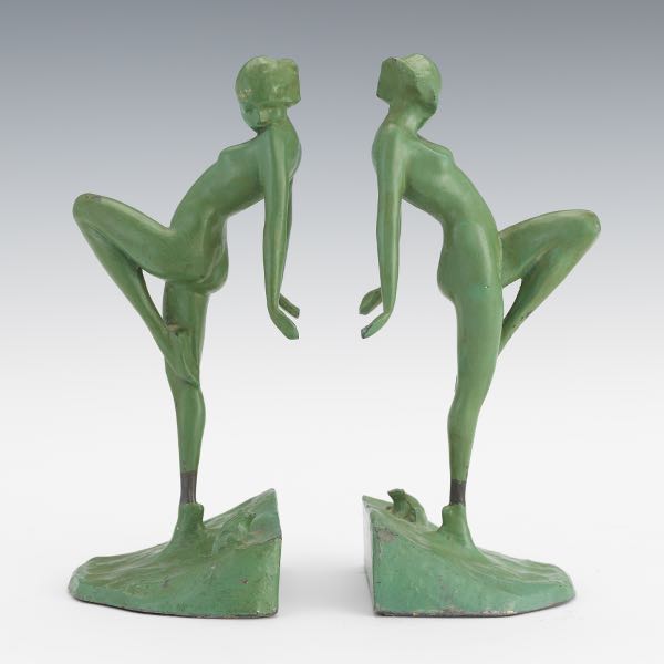 Appraisal: FRANKART STYLE FIGURAL BOOKENDS x x Apple green painted metal