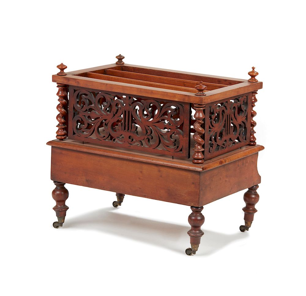 Appraisal: Victorian Canterbury Victorian cherry canterbury with pierced sides drawer below