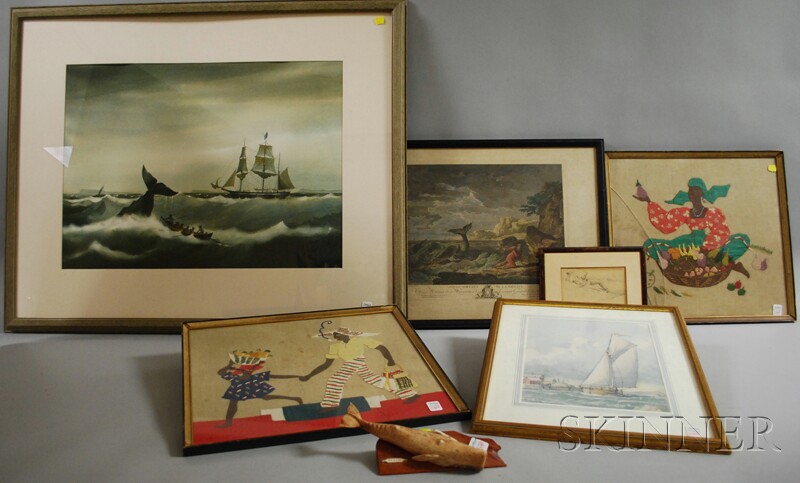 Appraisal: Six Framed Items and a Small Carved Whalebone Sperm Whale