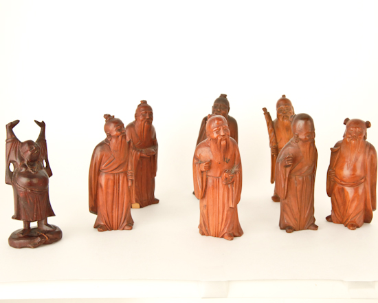 Appraisal: Wooden Asian Figures Including HoToi good luck God some chips