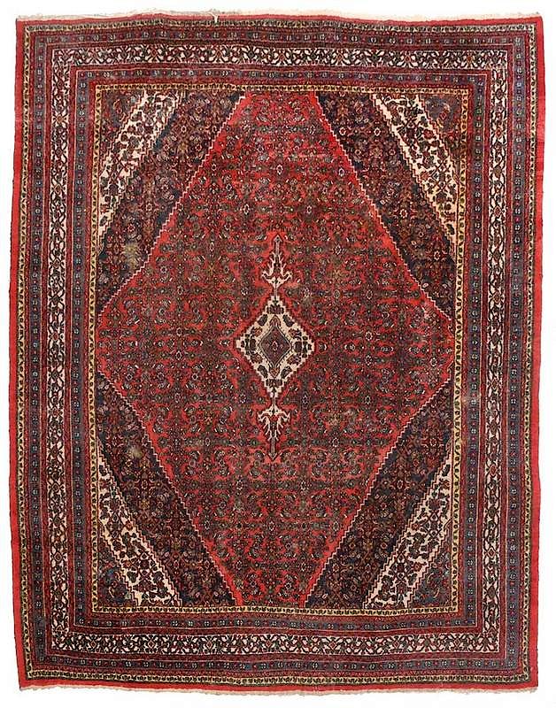 Appraisal: Room Size Persian Rug central white stepped medallion on red