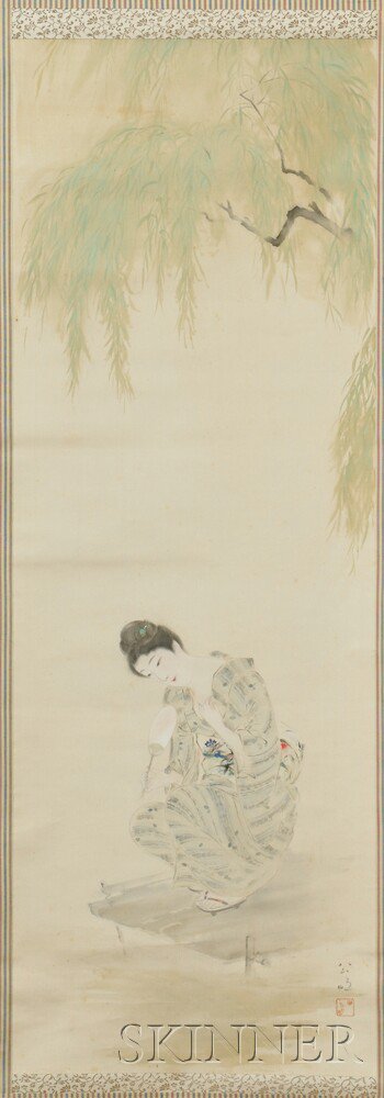 Appraisal: Painting Depicting a Bijin Japan th century seated on a