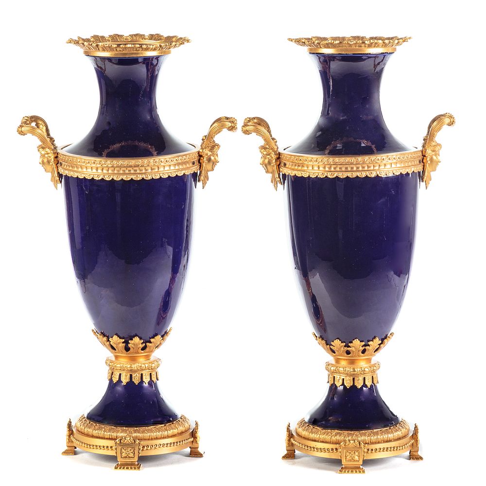 Appraisal: Pair Sevres Style Bleu De Roi Porcelain Urns th century