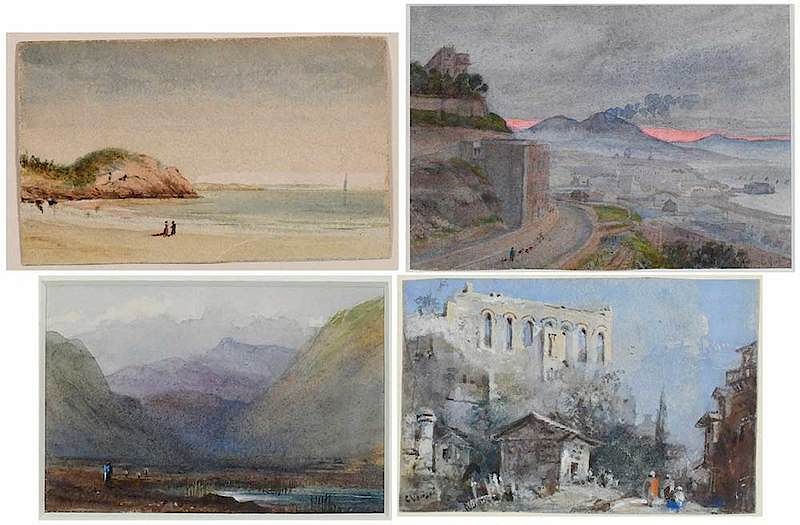 Appraisal: Collection of Four Miniature British Watercolors th century Mt Vesuvius