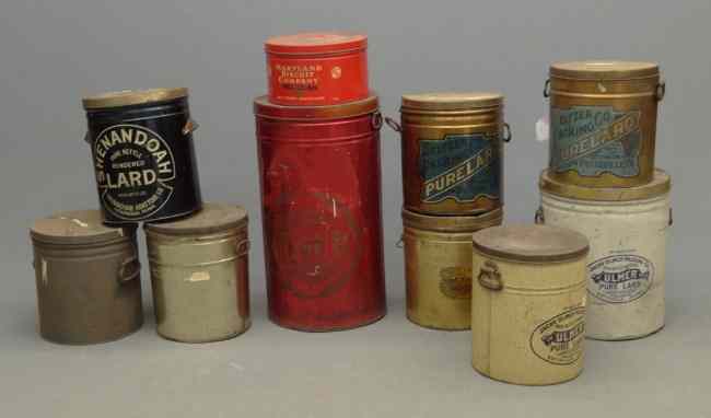 Appraisal: Collection of various early tins names to include ''Obert's Lard''