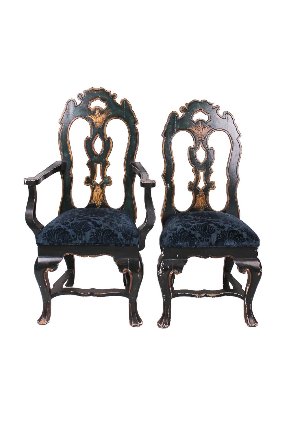 Appraisal: TWO PORTUGUESE BAROQUE STYLE PAINTED GILT CHAIRScomprising an armchair and