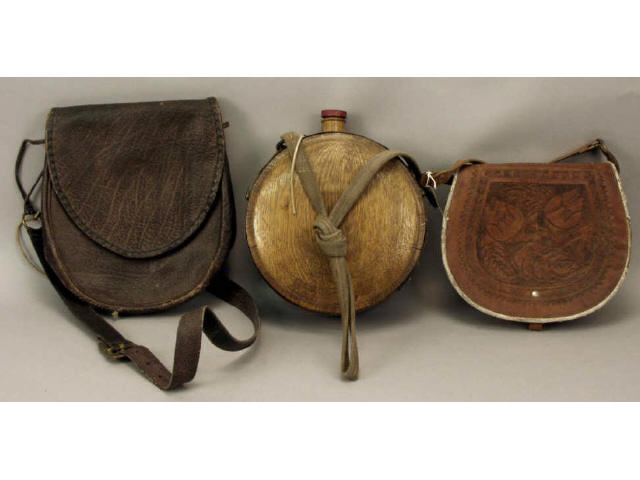 Appraisal: Collection of leather unmarked shoulder bags and wooden canteen Estimate