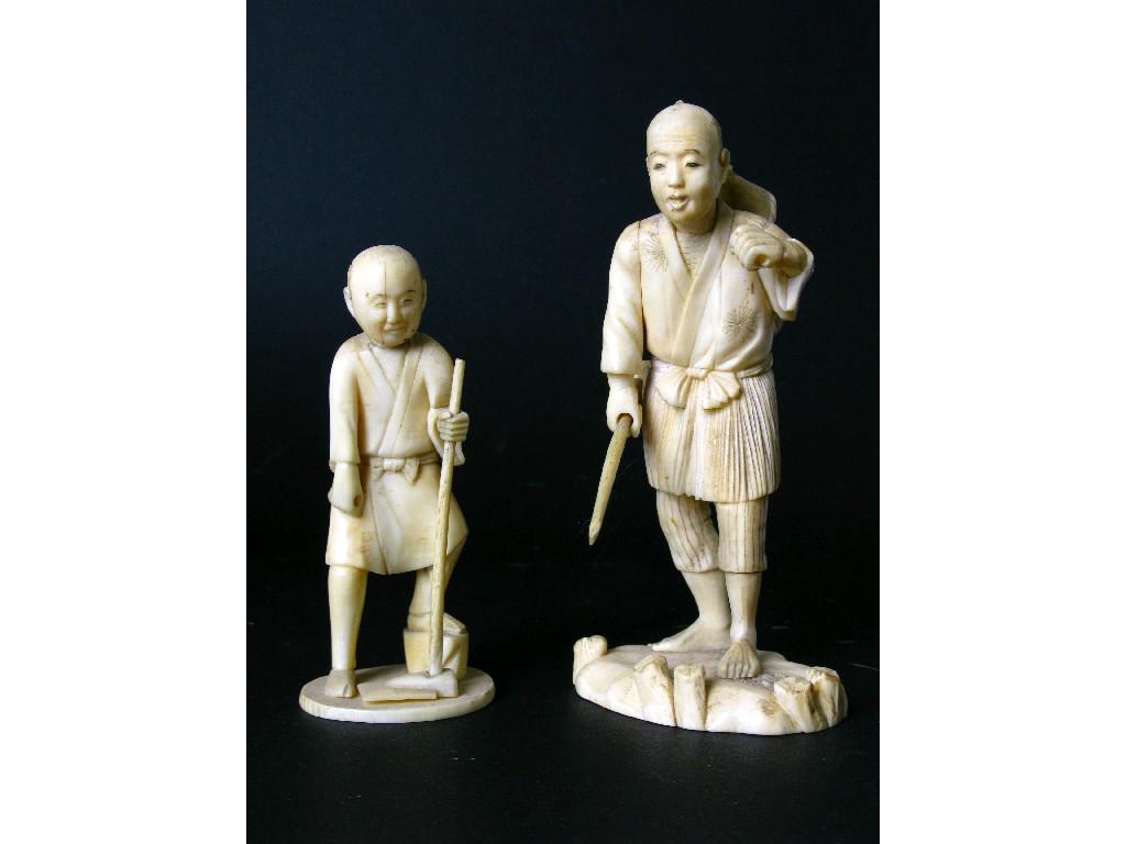 Appraisal: A carved ivory Figure of Chinese artisan with basket on