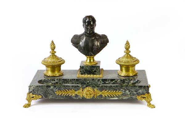 Appraisal: A French gilt bronze mounted marble encrier centered by a