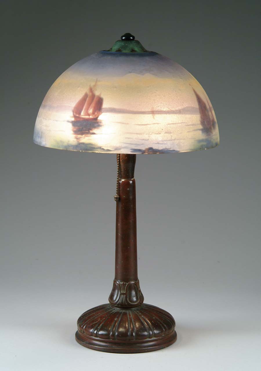 Appraisal: NAUTICAL REVERSE PAINTED LAMP Wonderful reverse painted shade has nautical