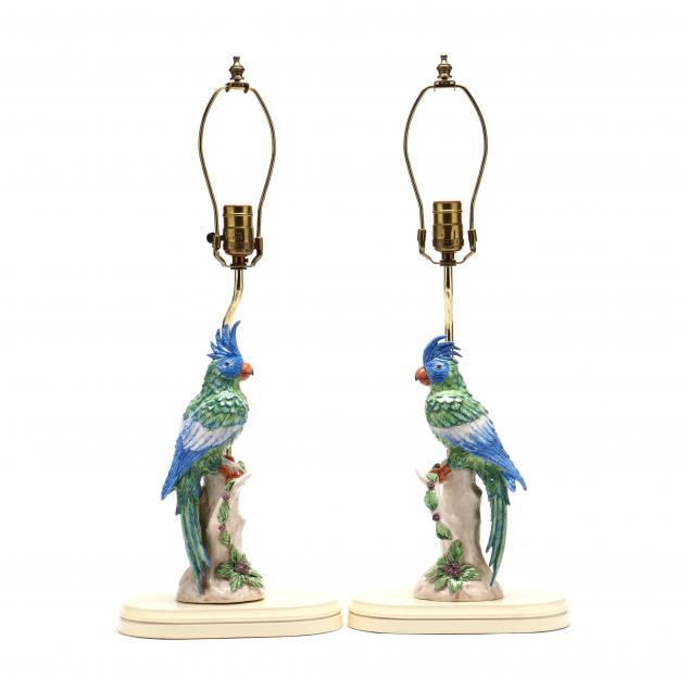 Appraisal: ANNE VOSSELLER PAIR OF PORCELAIN PARROT TABLE LAMPS Second half