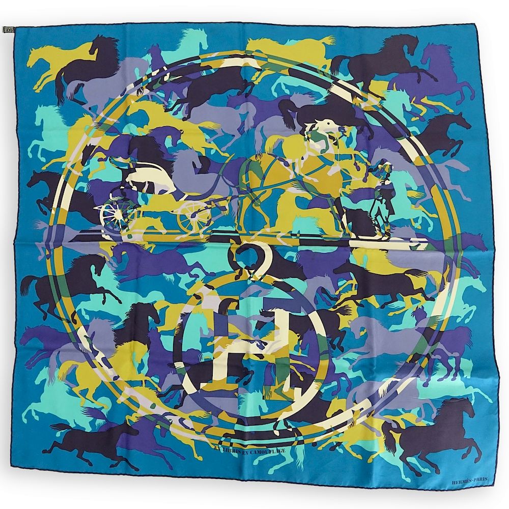 Appraisal: Hermes Ex Libris en Camouflage Twill Silk Scarf Hermes Ex