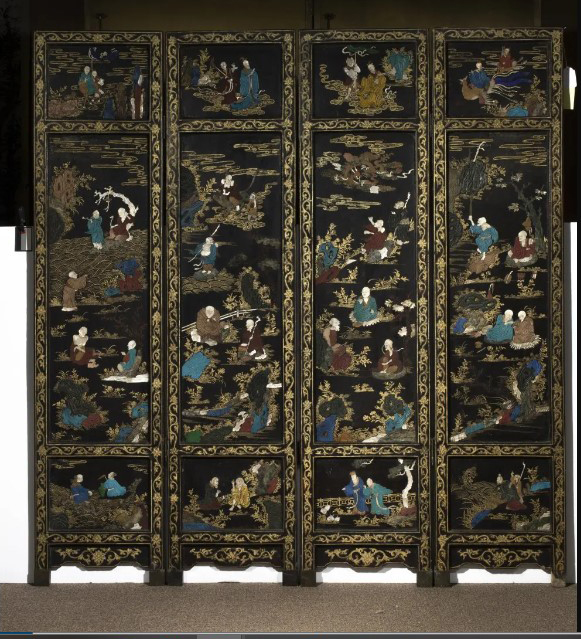 Appraisal: Chinese four-panel Inlaid and lacquered folding screen the central panels