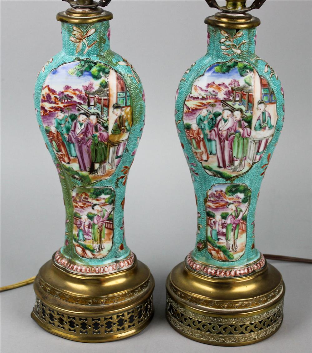 Appraisal: PAIR OF CHINESE EXPORT FAMILLE ROSE AQUA GROUND VASES QING